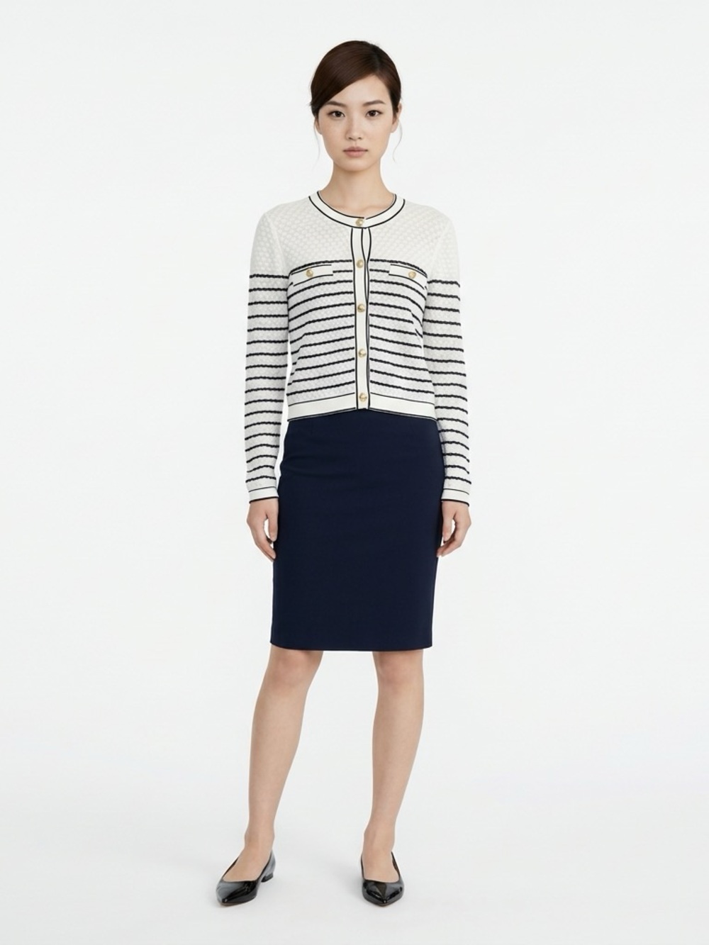 Ann Taylor White & Black Striped Knit Cardigan with Gold Buttons